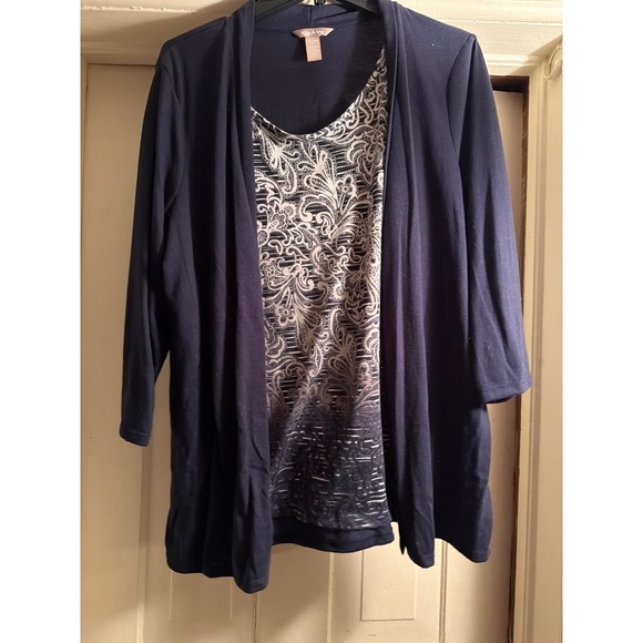 White Stag Tops - White Stag Womens XXL 20 Navy Blue Paisley 2 Piece Cardigan Shell Twin Set Top
